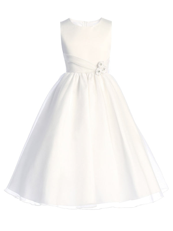 Girls White Satin Top Crystal Organza Skirt Plus Size Communion Dress 10.5-16.5 - SophiasStyle.com